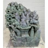 A LARGE AND EXCEPTIONALLY HEAVY CHINESE GREEN AND PURPLE JADE SCULPTURE DEPICTING SEVERAL FIGURES