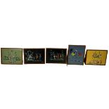 A COLLECTION OF FIVE AFRICAN PAINTINGS (5), Framed and glazed (one frame damaged). Frames 34cm x