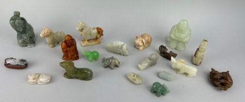 A LARGE COLLECTION OF MOSTLY CHINESE JADE AND STONE ANIMALS AND FIGURES (20) Largest 9cm x 5cm