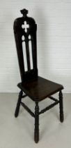 A 19TH CENTURY GOTHIC OAK CHAIR, 140cm x 38cm x 38cm