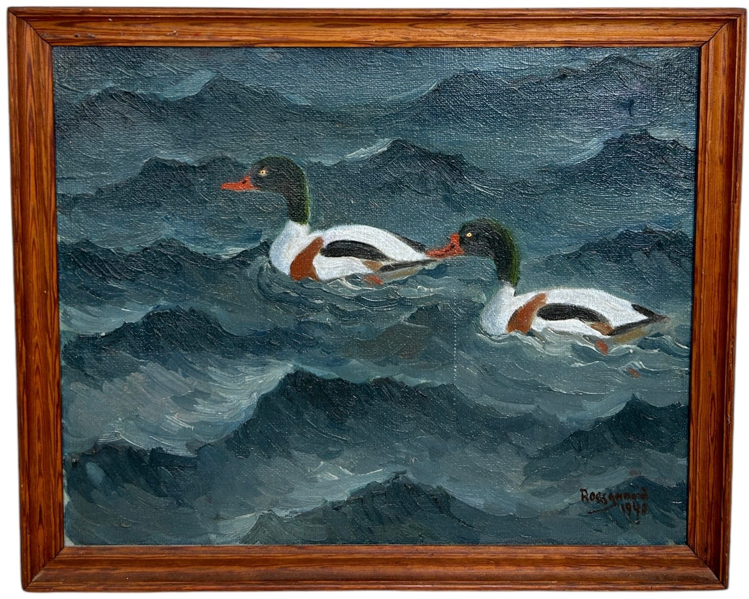 CHRISTEN ROESGAARD (DANISH 20TH CENTURY): AN OIL ON CANVAS PAINTING DEPICTING TWO DUCKS, Signed