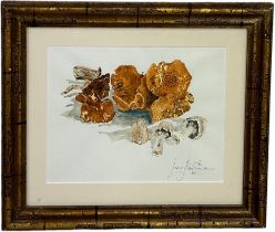 JEREMY REWSE-DAVIES: AN ACRYLIC PAINTING ON PAPER DEPICTING FUNGHI, 29cm x 23cm Mounted in a frame