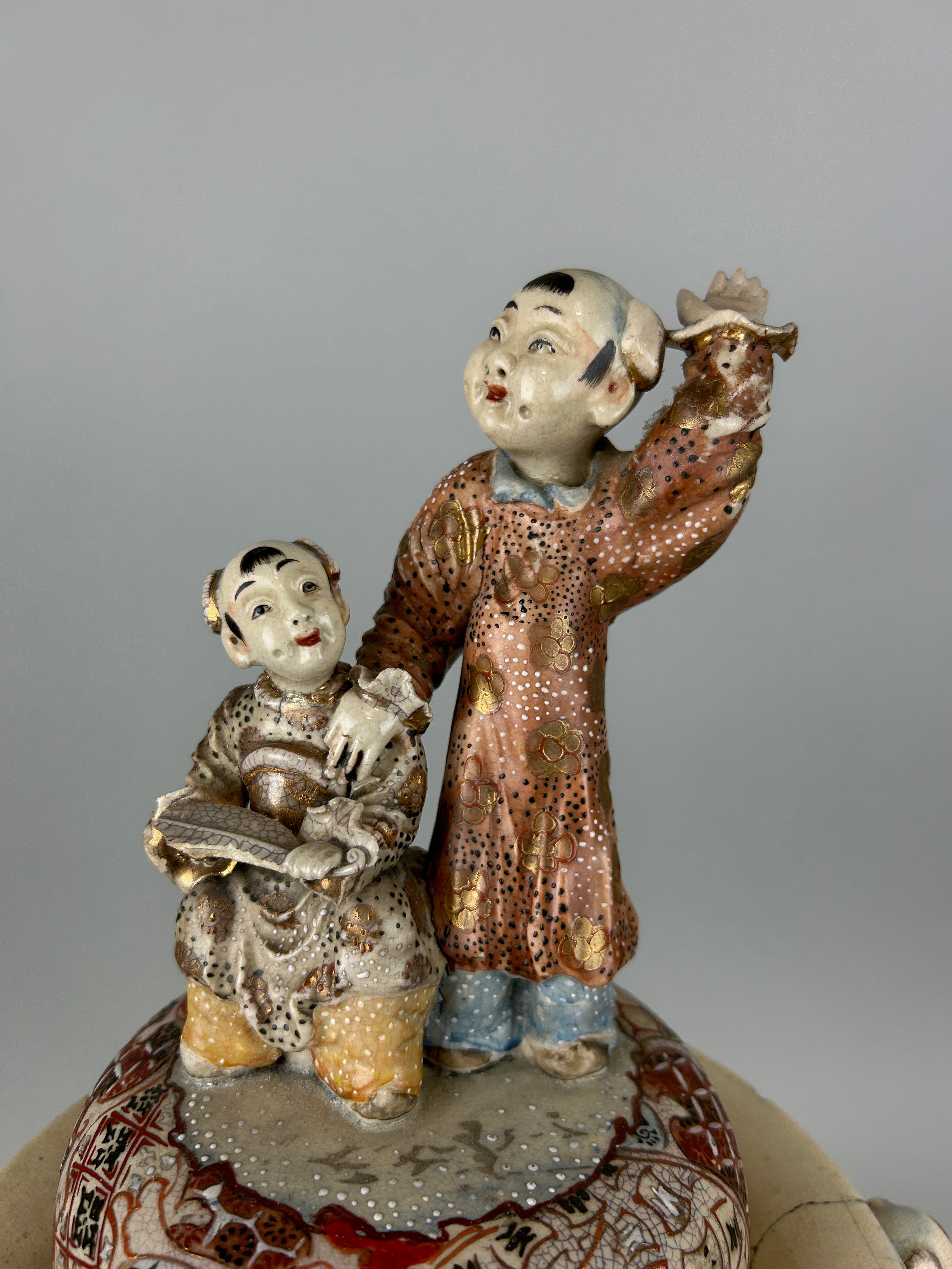 A LARGE 19TH CENTURY JAPANESE SATSUMA VASE AND COVER, Handles and finials formed as children. 58cm x - Image 4 of 4