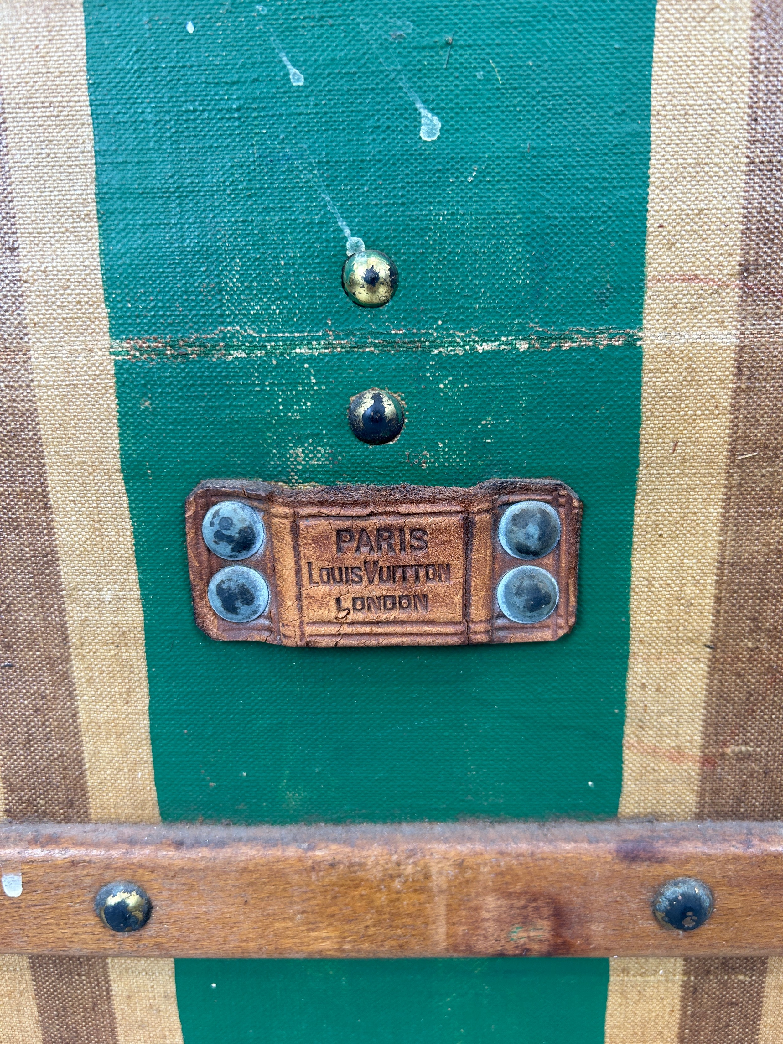A 19TH CENTURY LOUIS VUITTON TRUNK CIRCA 1885, Brown striped design with leather details and green - Image 11 of 19