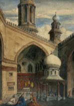 A 19TH CENTURY ARABIAN WATERCOLOUR PAINTING ON PAPER DEPICTING FIGURES PRAYING OUTSIDE THE MOSQUE OF