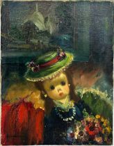 ALFIO BONANNO (B.1947): AN OIL ON CANVAS PAINTING DEPICTING A GIRL WEARING A HAT,