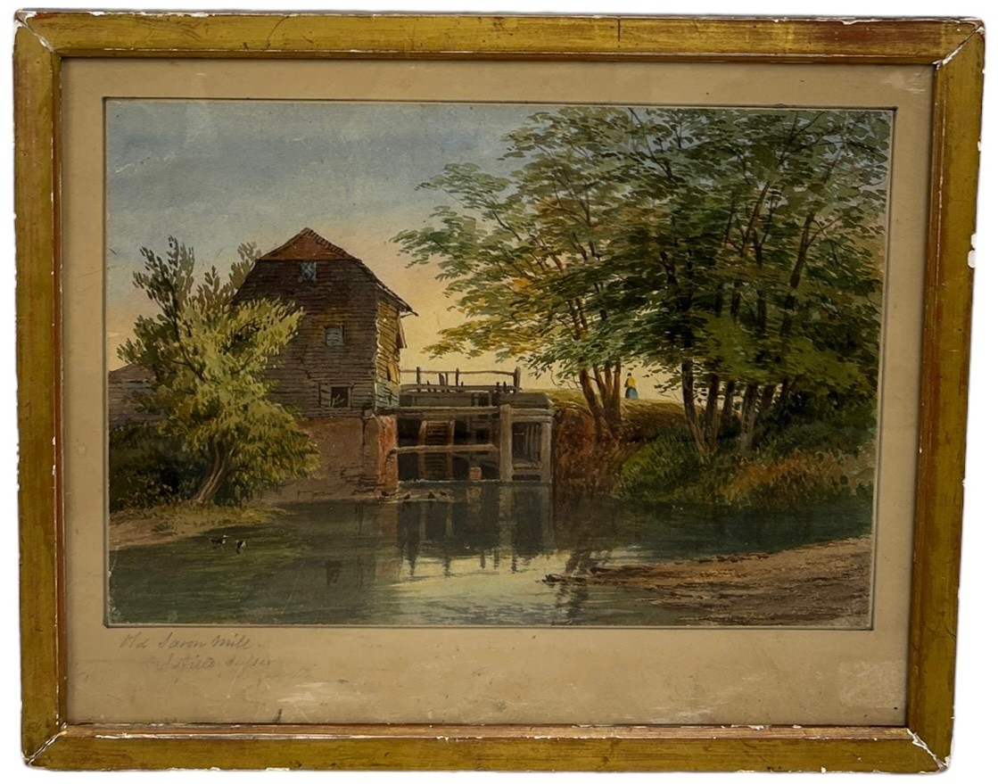 A 19TH CENTURY WATERCOLOUR PAINTING ON PAPER DEPICTING A VIEW OF A MILL IN A STREAM, Inscribed. 33cm