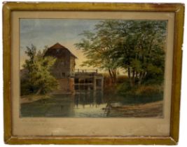 A 19TH CENTURY WATERCOLOUR PAINTING ON PAPER DEPICTING A VIEW OF A MILL IN A STREAM, Inscribed. 33cm