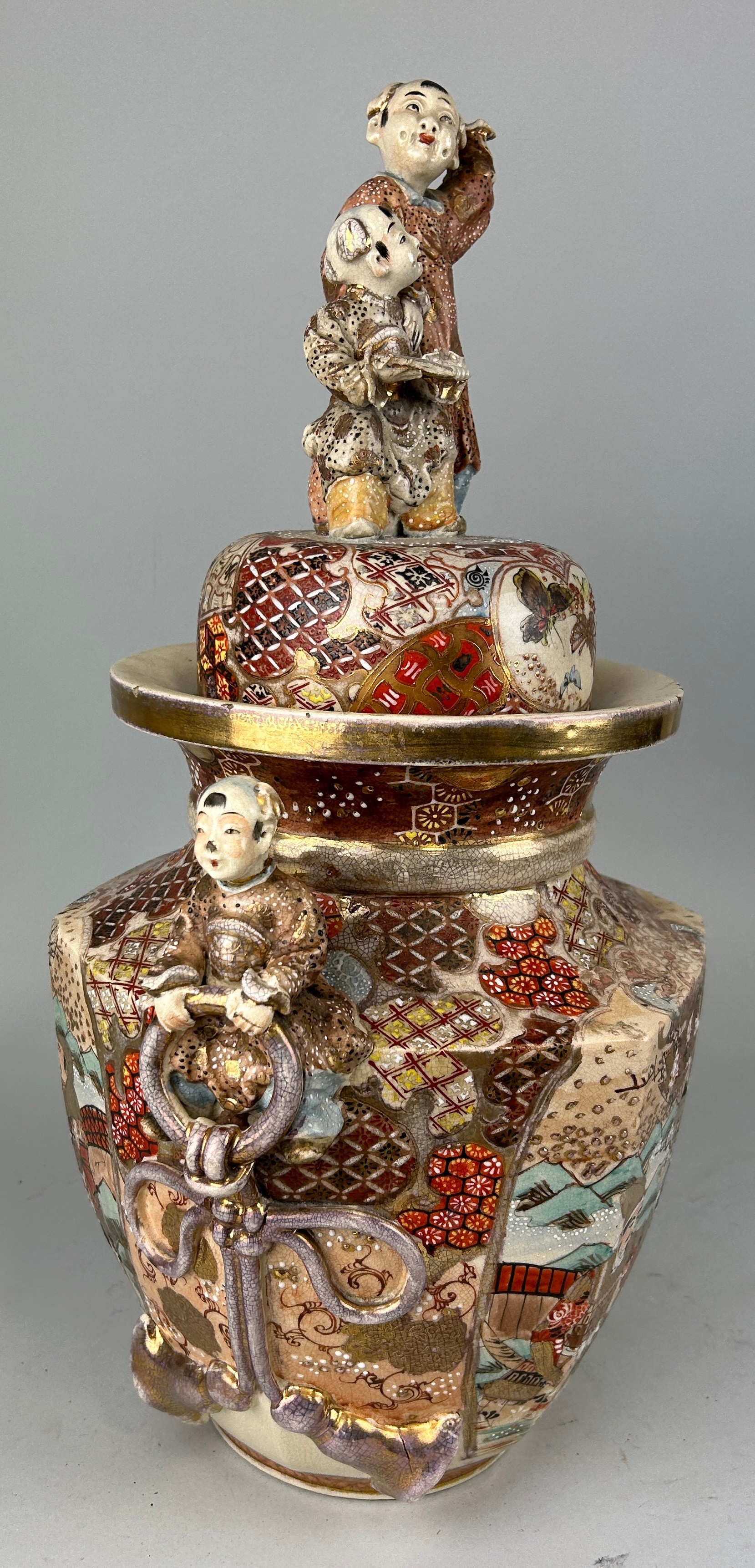 A LARGE 19TH CENTURY JAPANESE SATSUMA VASE AND COVER, Handles and finials formed as children. 58cm x - Image 3 of 4