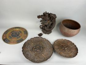 A GROUP OF THREE ISLAMIC METAL TRAYS ALONG WITH A JAPANESE CARVED WOODEN SCULPTURE AND AN INDIAN