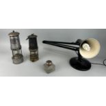 TWO MINERS LAMPS, A SILVER TOP AND CRYSTAL INK BOTTLE AND AN ANGLEPOISE LAMP (4), One miners lamp by