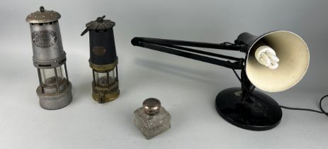 TWO MINERS LAMPS, A SILVER TOP AND CRYSTAL INK BOTTLE AND AN ANGLEPOISE LAMP (4), One miners lamp by