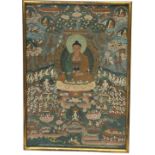 A HIMALAYAN WATERCOLOUR PAINTING ON PAPER THANGKA OF A BUDDHA SITTING ON A LOTUS THRONE SURROUNDED