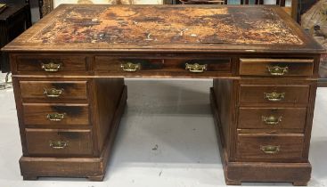 A VICTORIAN TWIN PEDESTAL DESK WITH TOOLED LEATHER TOP, 150cm x 83cm x 75cm
