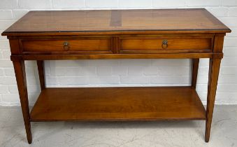 A CHERRYWOOD TWO TIER CONSOLE TABLE WITH TWO DRAWERS, 120cm x 75cm x 40cm