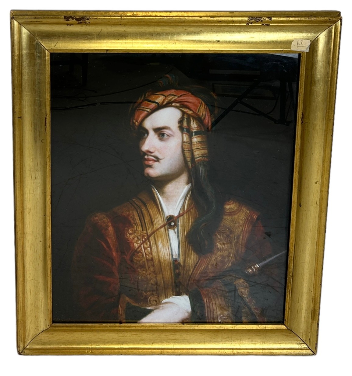 A VERY FINE LITHOGRAPHIC PRINT OF LORD BYRON IN AN ALBANIAN OR GREEK DRESS, 61cm x 60cm Mounted in a