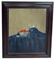 BARBARA VANHOVE (BELGIAN B.1974): AN OIL PAINTING ON PANEL TITLED 'STRAWBERRIES IN A PEWTER BOWL',