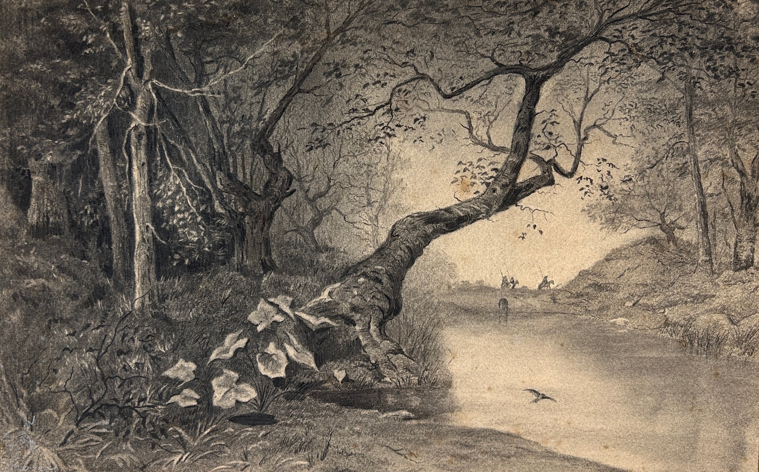 ATTRIBUTED TO JOSEPH HOGER (1901-1977): A PENCIL AND CHALK LANDSCAPE DRAWING WITH FIGURES, 48cm x - Image 2 of 6