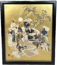 A 19TH CENTURY JAPANESE MEIJI PERIOD SILK WORK AND EMBROIDERY PANEL DEPICTING AN AGRICULTURAL SCENE,