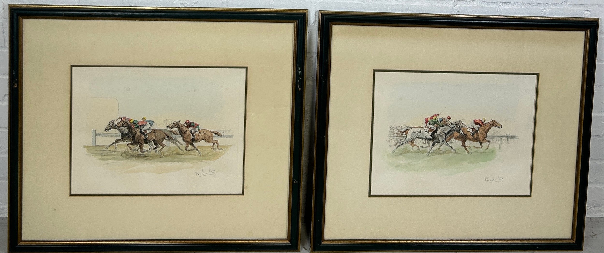 EUGENE PECHAUBES (FRENCH 1890-1967): A PAIR OF HAND COLOURED ENGRAVINGS DEPICTING HORSE RACES,