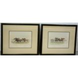 EUGENE PECHAUBES (FRENCH 1890-1967): A PAIR OF HAND COLOURED ENGRAVINGS DEPICTING HORSE RACES,