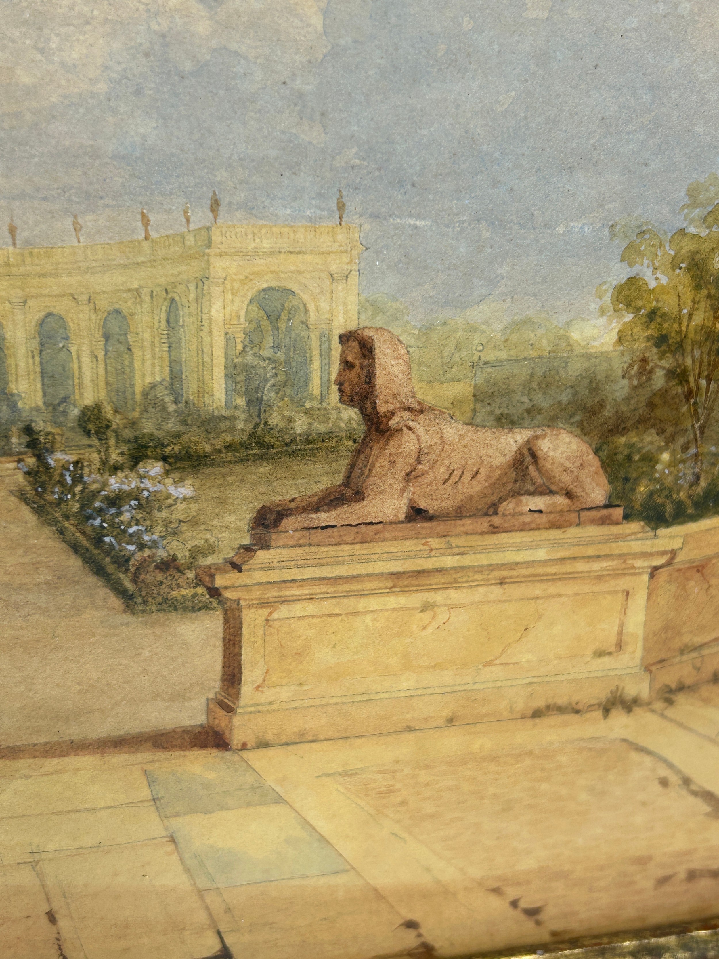 A 19TH CENTURY CONTINENTAL WATERCOLOUR PAINTING ON PAPER DEPICTING 'VIEW OF CLASSICAL STATUES IN A - Image 3 of 4