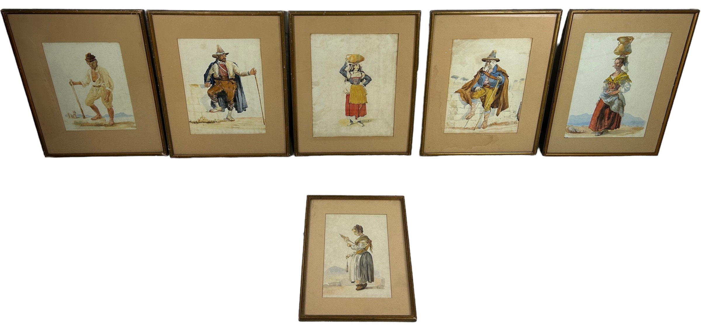 A GROUP OF SIX 19TH CENTURY CONTINENTAL WATERCOLOUR PAINTINGS ON PAPER DEPICTING FIGURES,