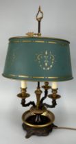 A FRENCH BRONZE LAMP WITH A SHADE, 65cm H