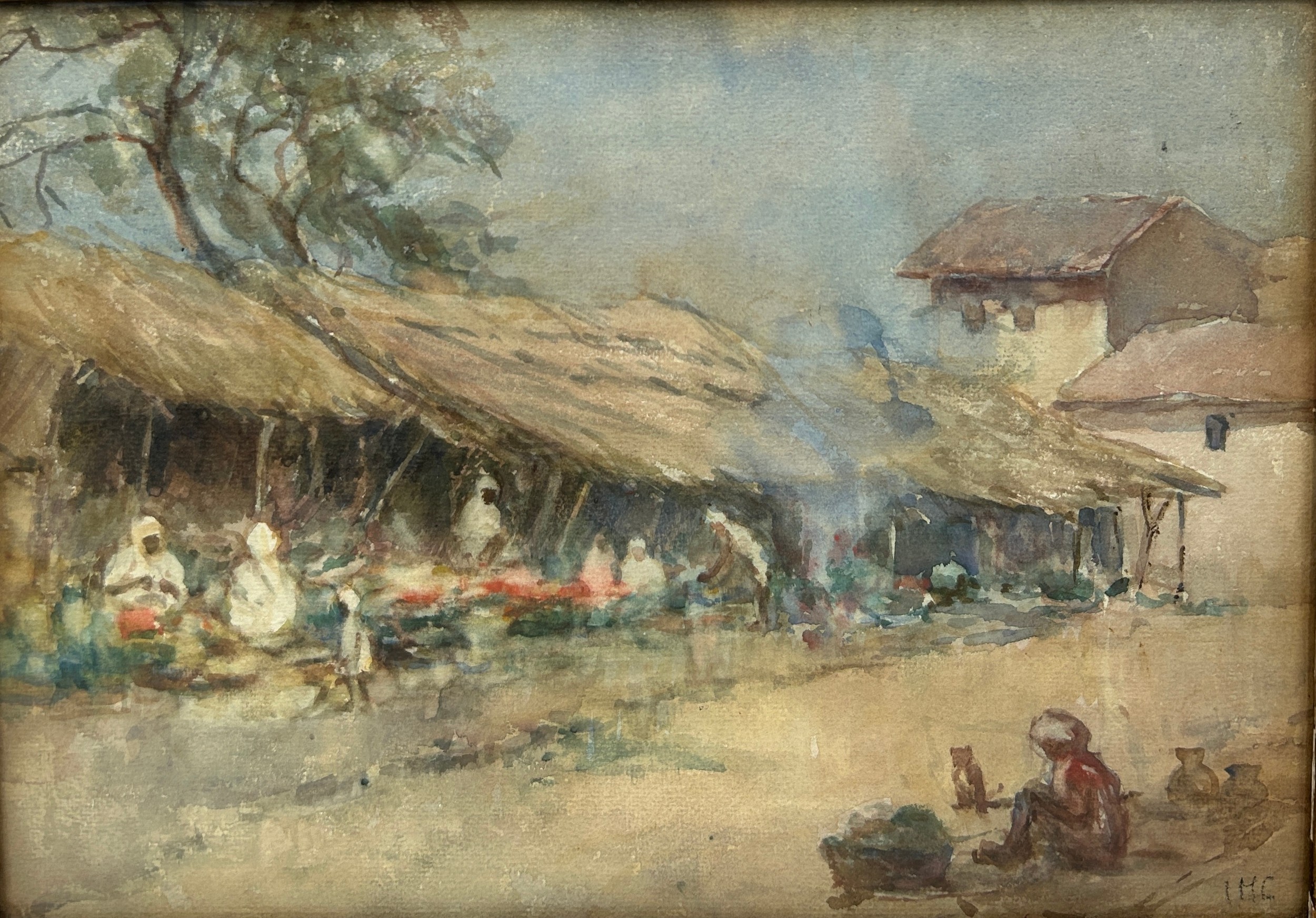 A 19TH CENTURY WATERCOLOUR PAINTING ON PAPER TITLED 'IN THE BAZAAR, BENARES', INDIA WITH FIGURES - Image 2 of 4