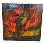 A LARGE OIL ON CANVAS ABSTRACT PAINTING DEPICTING A FISH, 95cm x 95cm