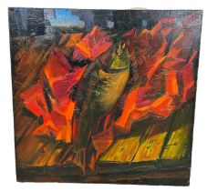 A LARGE OIL ON CANVAS ABSTRACT PAINTING DEPICTING A FISH, 95cm x 95cm