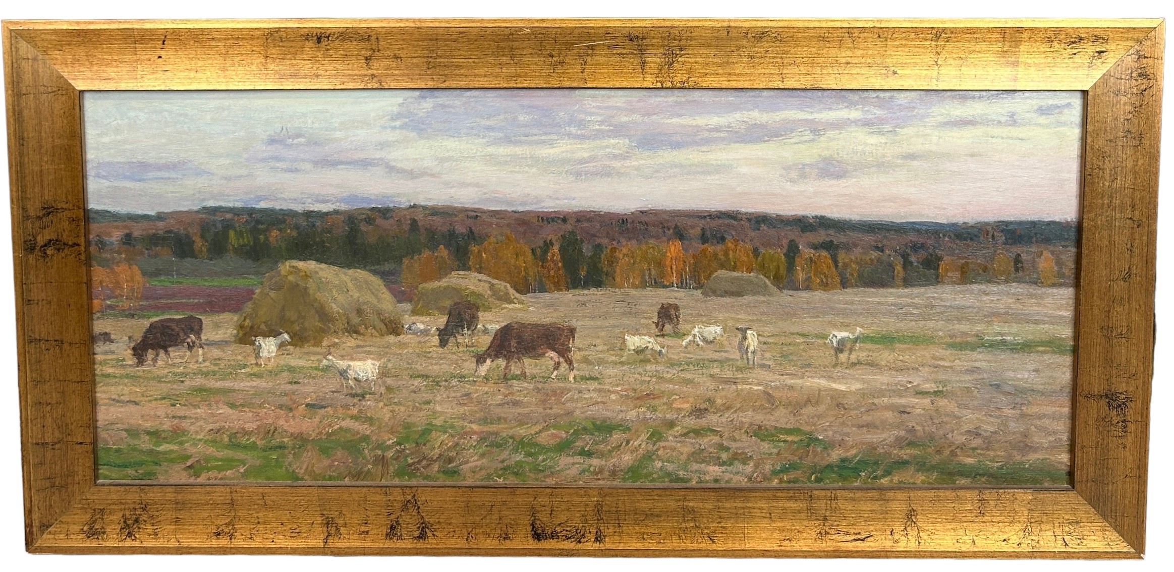 ALEKSEI MIKHAILOVICH GRITSAI (1914-1998): AN OIL ON BOARD PAINTING DEPICTING CATTLE IN A FIELD