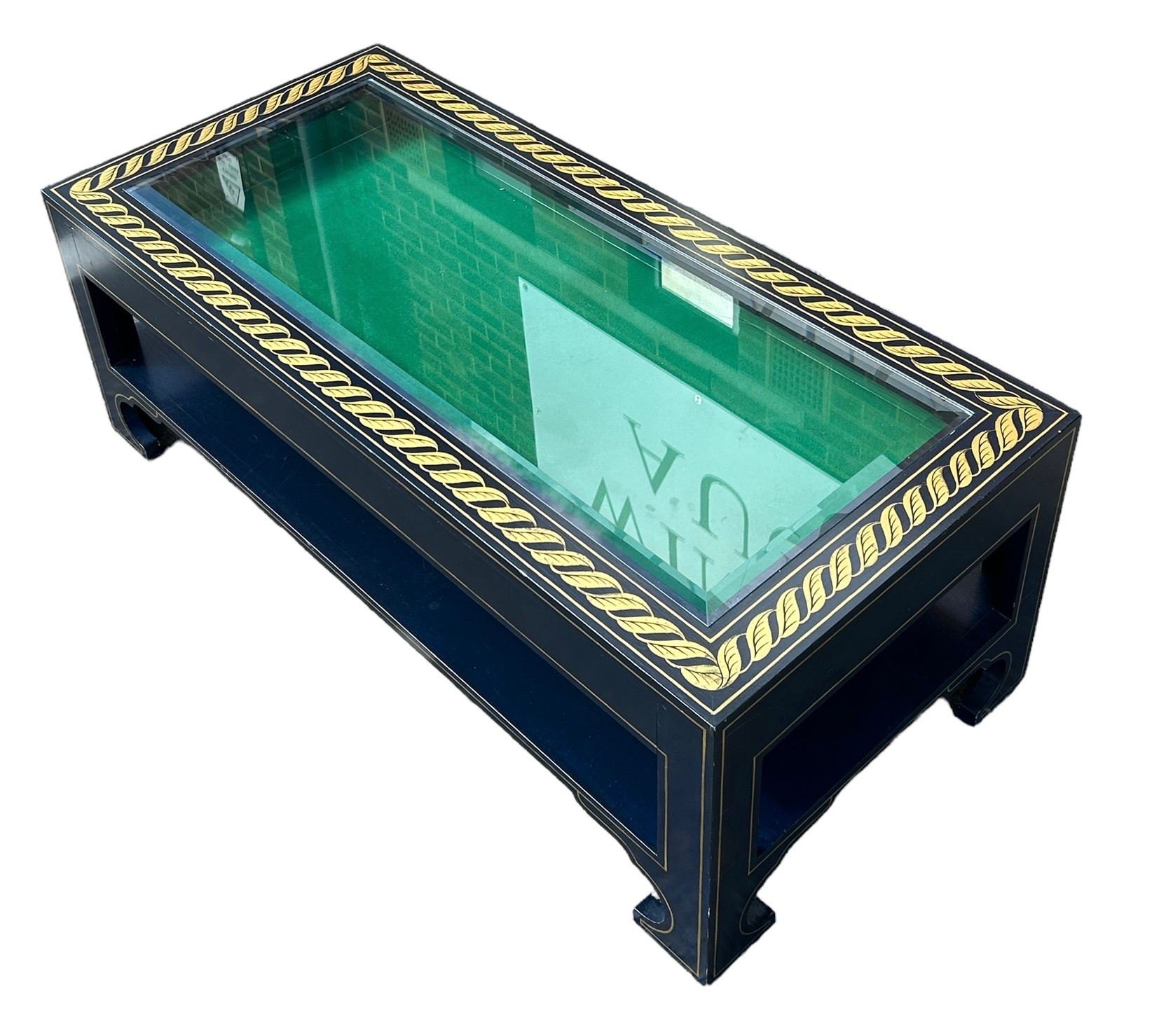 A DESIGNER COFFEE TABLE WITH GLASS INSERT AND GOLD GREEK KEY BORDER, 114cm x 53cm x 42cm - Image 2 of 4