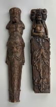 TWO OAK EUROPEAN CARVED WOODEN TERMS POSSIBLY 17TH CENTURY (2) 50cm x 10cm 46cm x 10cm