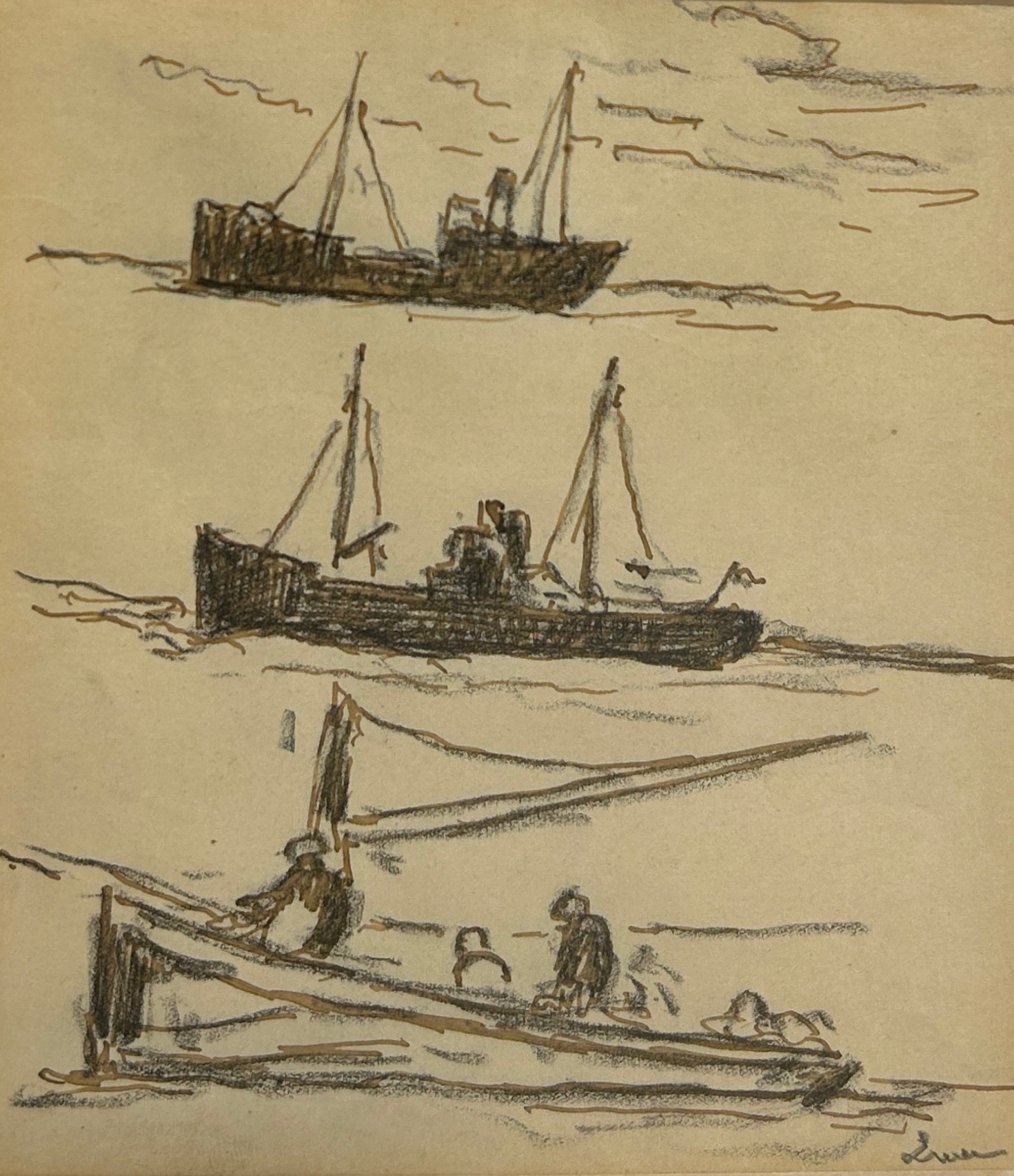 MAXIMILIEN LUCE (FRENCH 1858-1941): AN INK AND WAX PENCIL ON PAPER TITLED 'BATEAU DE PECHE', 19. - Image 2 of 4