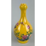 A CHINESE YELLOW GLAZED BOTTLE VASE PAINTED WITH BIRDS AND FLOWERS, WITH A POEM TO ONE SIDE, 15cm