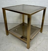 A BRASS TWO TIER SIDE TABLE WITH GLASS INSERTS, 50cm x 50cm x 50cm