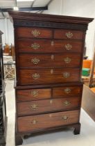 A GEORGE III MAHOGANY CHEST ON CHEST, Eight drawers in total with brass handles. 177cm x 107cm x