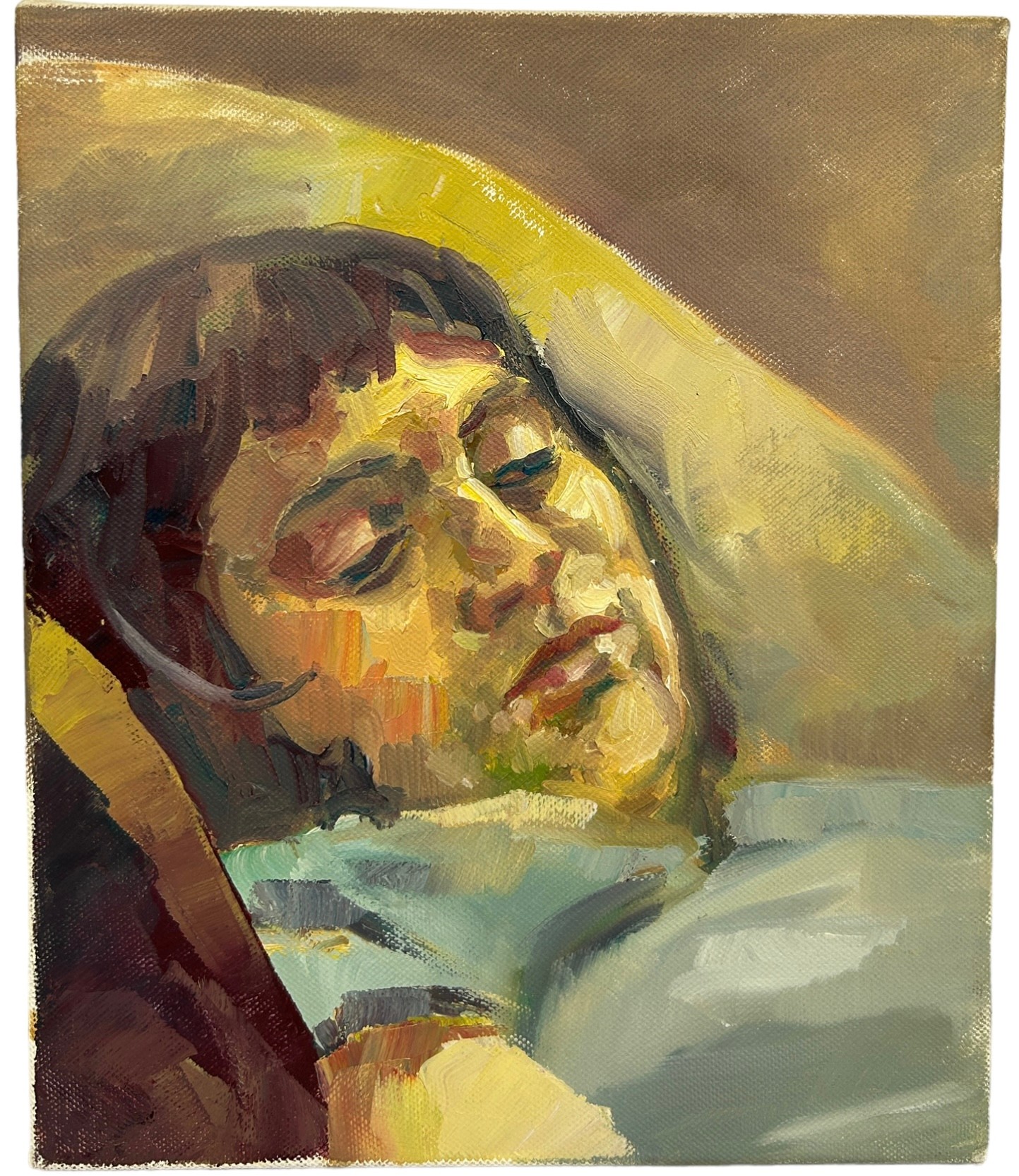AN OIL ON CANVAS PAINTING DEPICTING A RECLINING GIRL, 30cm x 25cm