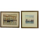 A WATERCOLOUR PAINTING ON PAPER DEPICTING A CONTINENTAL PORT ALONG WITH ANOTHER PORT SCENE (2) Label