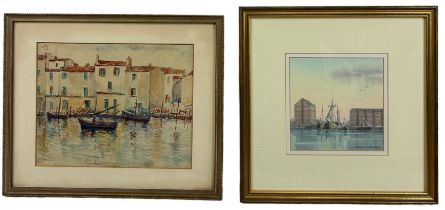 A WATERCOLOUR PAINTING ON PAPER DEPICTING A CONTINENTAL PORT ALONG WITH ANOTHER PORT SCENE (2) Label