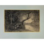 ATTRIBUTED TO JOSEPH HOGER (1901-1977): A PENCIL AND CHALK LANDSCAPE DRAWING WITH FIGURES, 48cm x