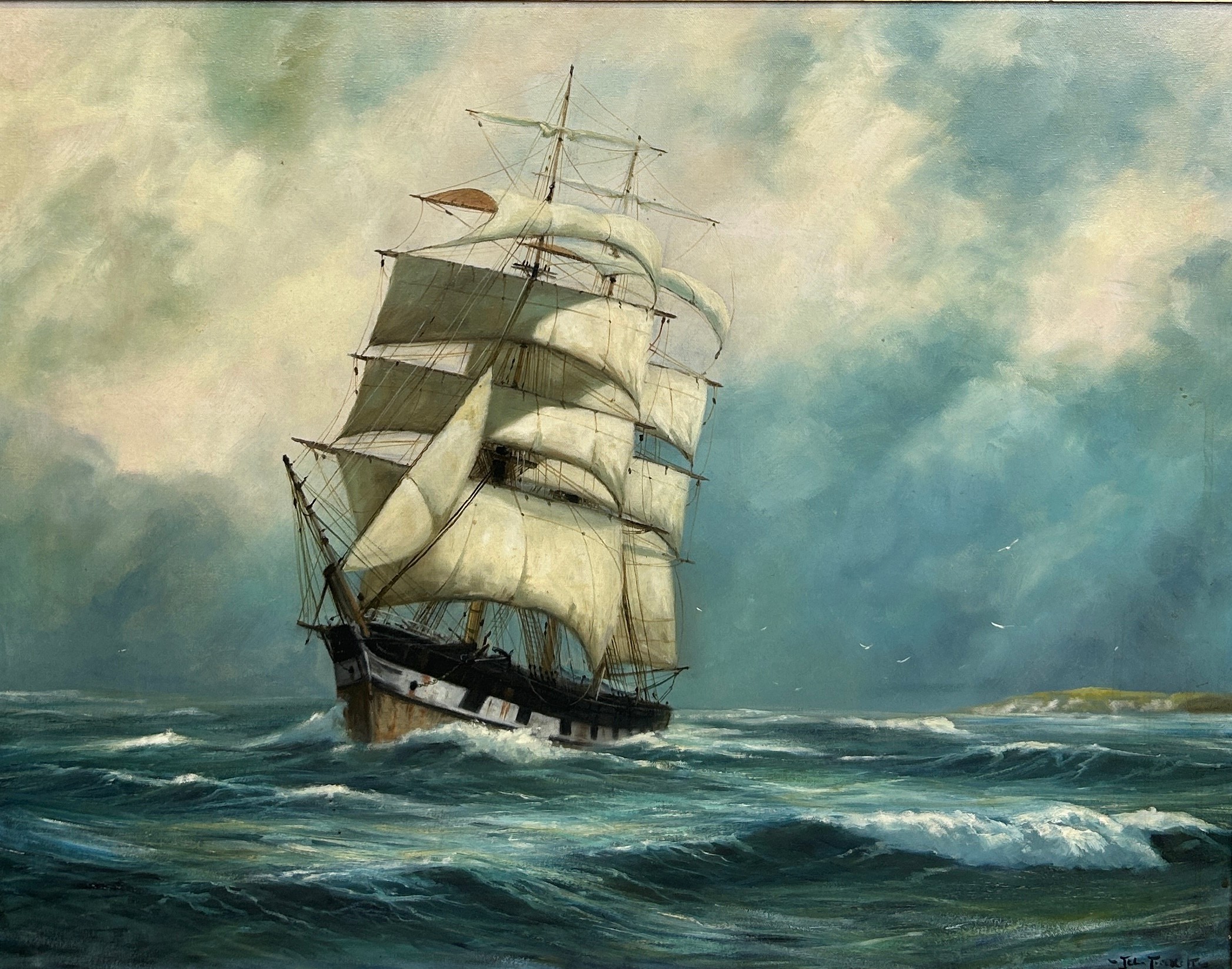 JOHN TRICKETT (BRITISH B.1953): AN OIL ON CANVAS PAINTING DEPICTING A SHIP ON STORMY SEAS, 75cm x - Image 2 of 4