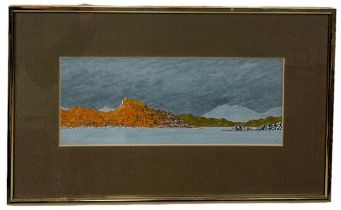 CONTINENTAL SCHOOL: A GOACHE ON PAPER 'SEASCAPE WITH CASTLE AND TOWN BY THE SHORE', 30cm x 12cm
