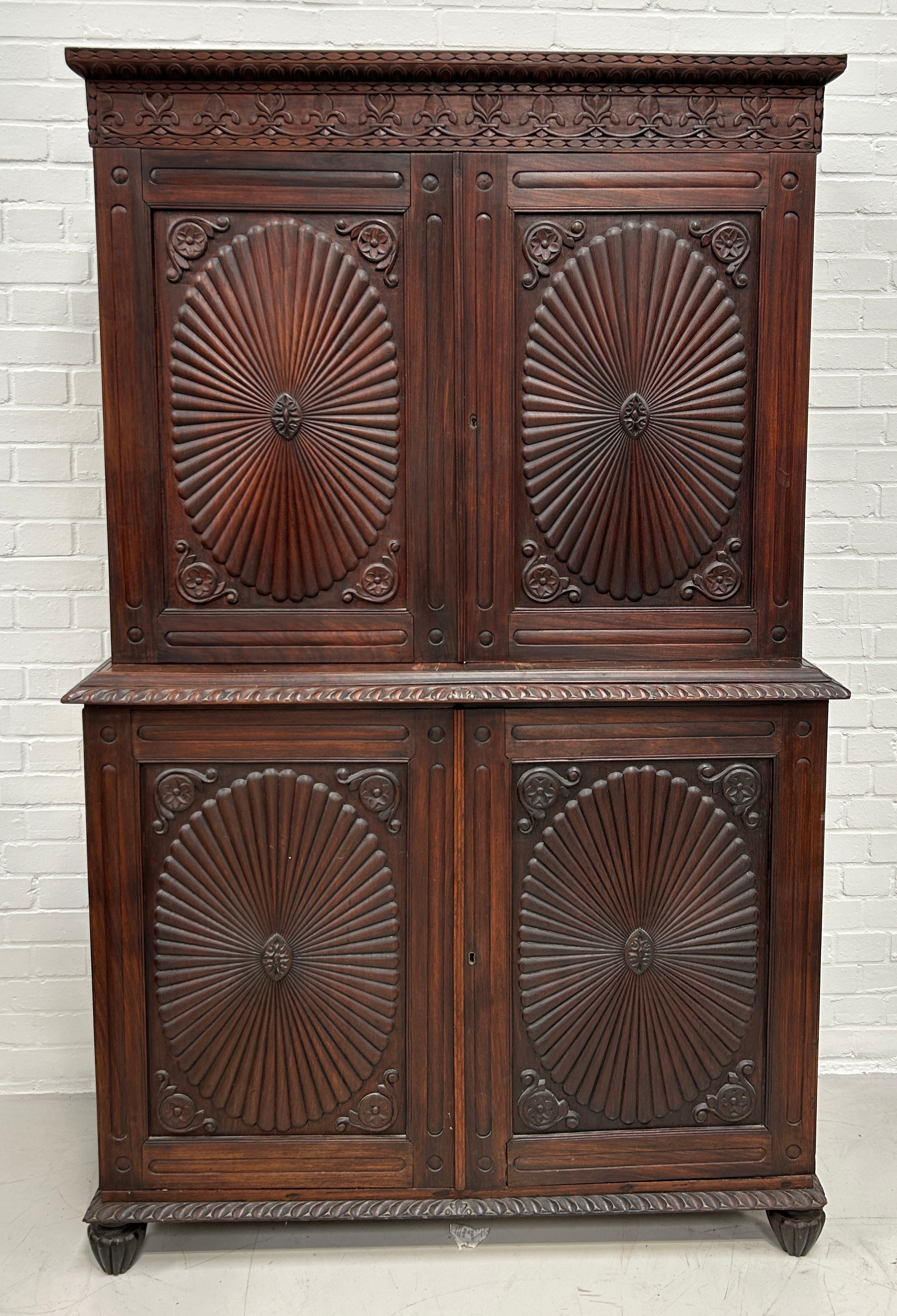 A 19TH CENTURY ANGLO INDIAN ROSEWOOD SECTIONAL WARDROBE WITH SUNBURST DESIGN PANELS, 194cm x 120cm x - Image 9 of 9