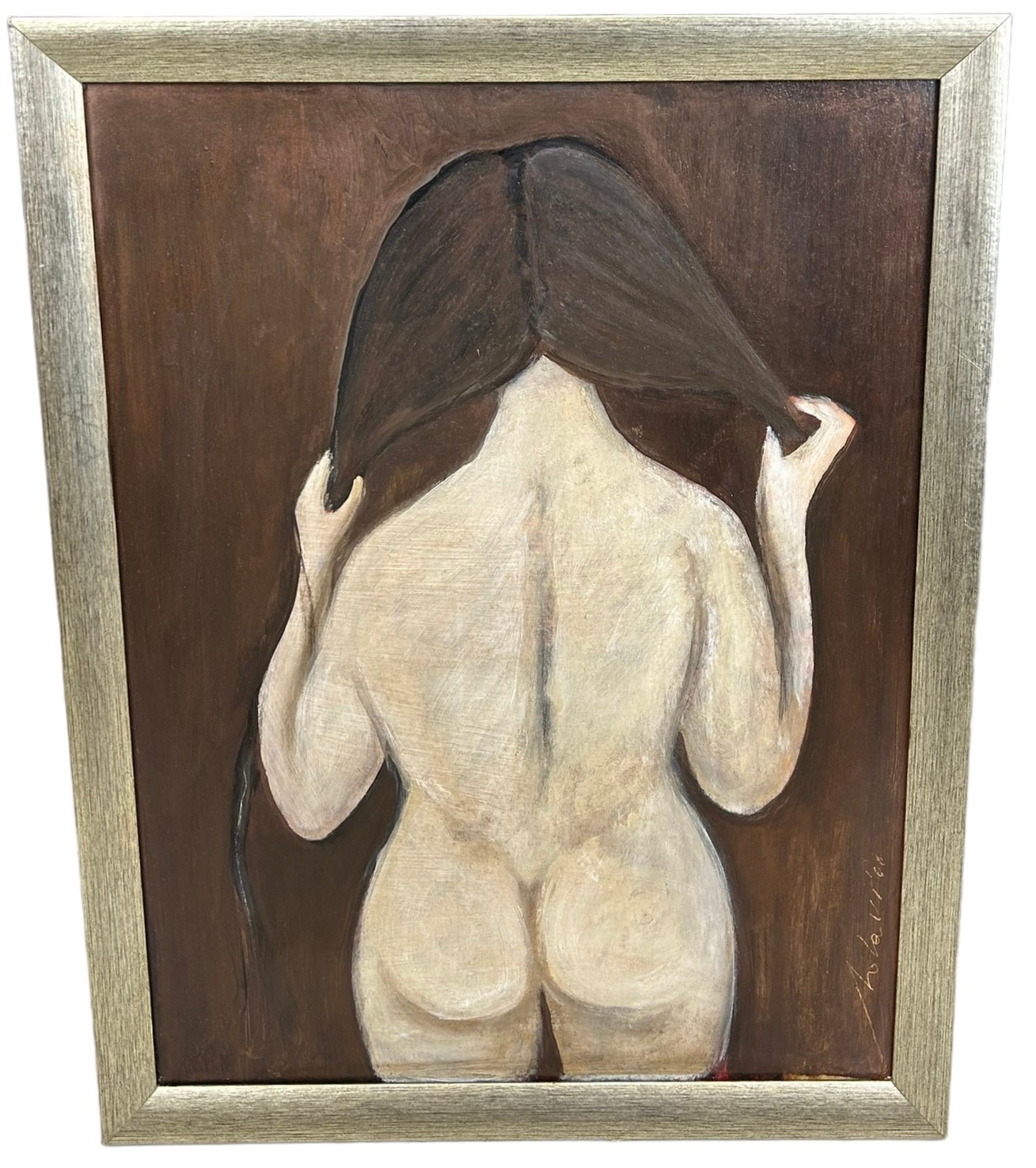 AN OIL ON BOARD PAINTING DEPICTING A NUDE FIGURE OF A LADY, 60cm x 45cm Mounted in a frame 66cm x