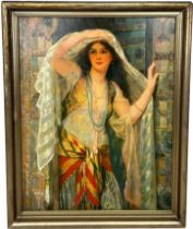 A 19TH OR 20TH CENTURY ORIENTALIST OIL ON CANVAS PAINTING DEPICTING A FINE YOUNG LADY OF THE
