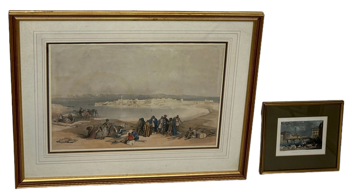 AFTER DAVID ROBERTS RA (1796-1864): A HAND COLOURED ENGRAVING TITLED 'SUEZ 1869', 49cm x 32cm