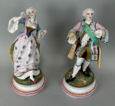 A PAIR OF FRENCH STYLE CERAMIC FIGURES, 36cm H