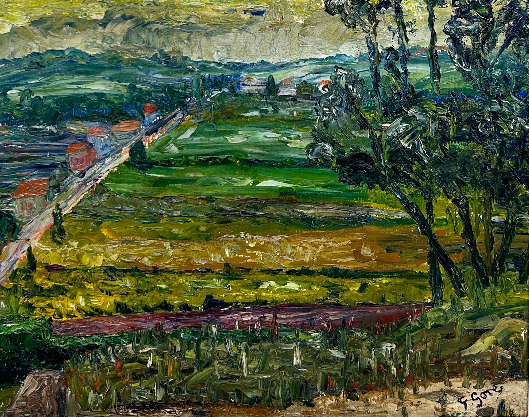 FREDERICK GORE (BRITISH 1913-2009): AN OIL ON BOARD IMPASTO PAINTING DEPICTING FIELDS IN PROVENCE, - Image 2 of 7